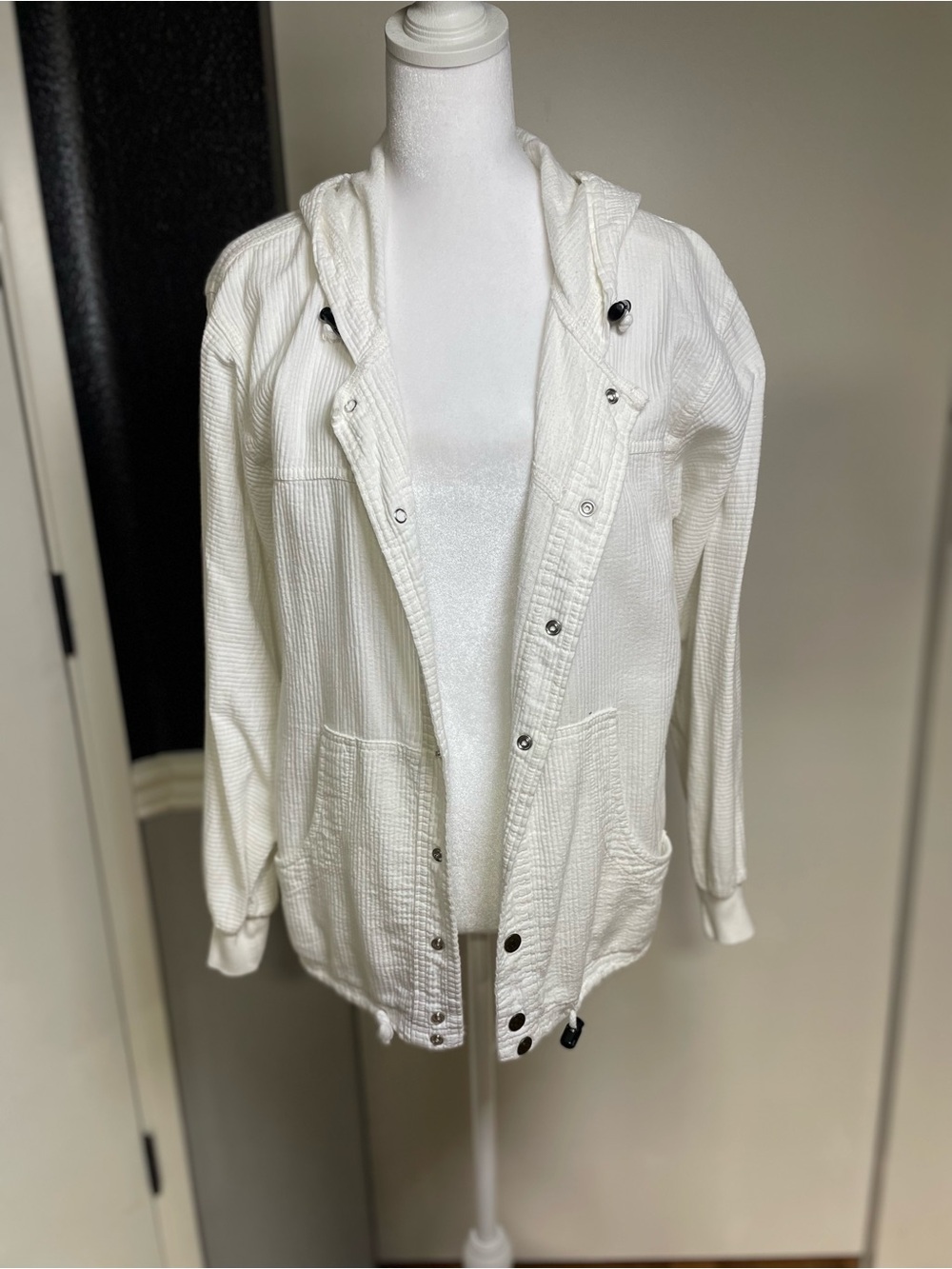 Women's White Hooded Bomber Jacket with Snap Front Closure